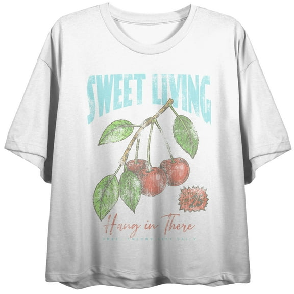 Sweet Living Hang In There Cherries Crew Neck Short Sleeve Women's White Crop Top
-Medium