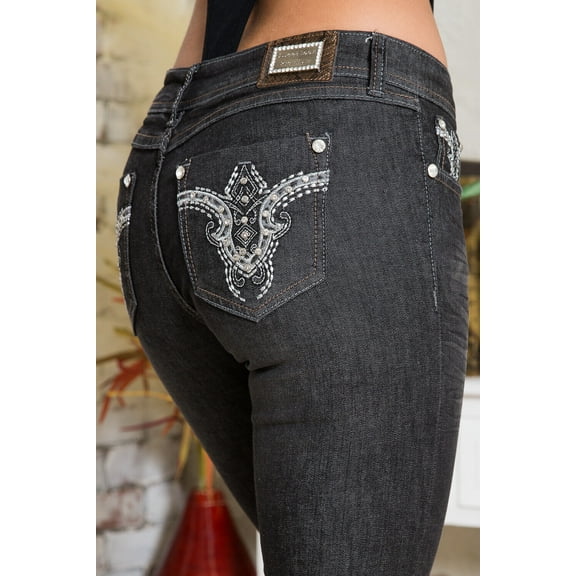 Sweet Look Classic Rhinestone Premium Women's Stretch Skinny Fit BLACK Denim Jeans Pants