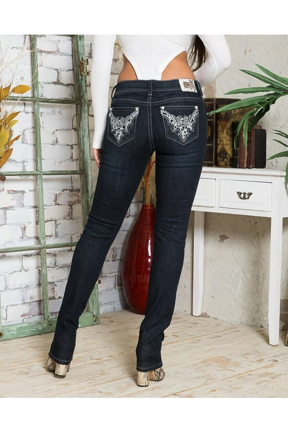 Classic Rhinestone Premium Women's Stretch Skinny Fit BLUE Denim Jeans Pants