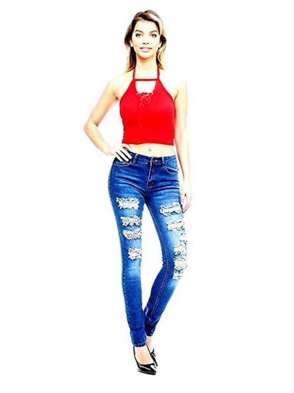 Juniors Womens Blue Denim Jeans Stretch Skinny Ripped Distressed Jean Pants