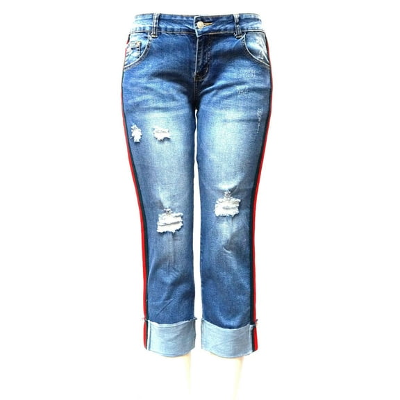 Sweet Look Trendy Womens Casual Distressed Denim Side Stripe Mom Denim Jeans Pants