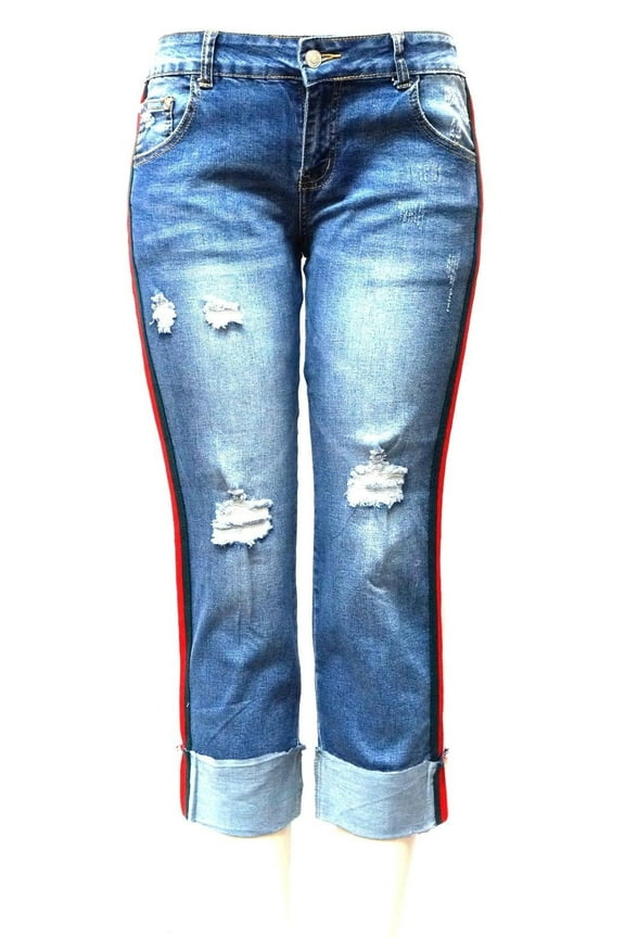 Trendy Womens Casual Distressed Denim Side Stripe Mom Denim Jeans Pants
