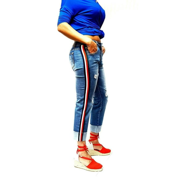 Sweet Look Trendy Womens Casual Distressed Denim Side Stripe Mom Denim Jeans Pants