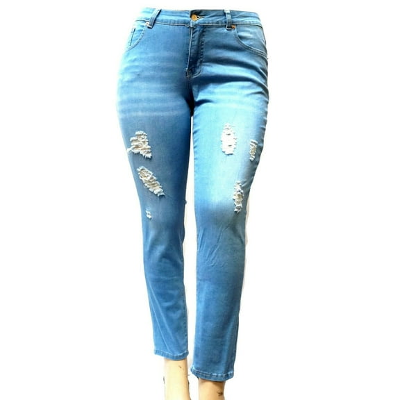 Sweet Look Womens Plus Size Stretch Distressed Ripped Blue Skinny Denim Jeans Pants (WA456-R)