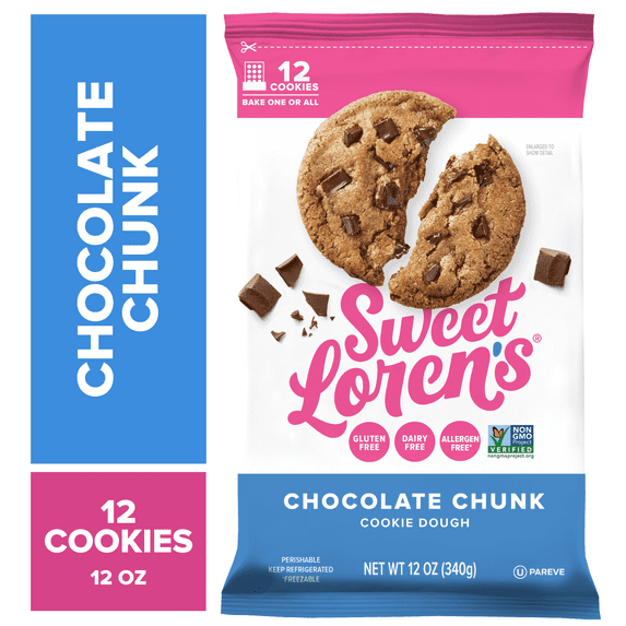 Sweet Loren's Ready to Bake Chocolate Chunk Cookie Dough, Gluten Free & Vegan, Top 9 Allergen Free, 12 oz