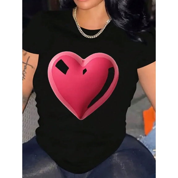 Sweet Love Heart Graphic Valentine's Day Women Crew Neck Short Sleeve Tee