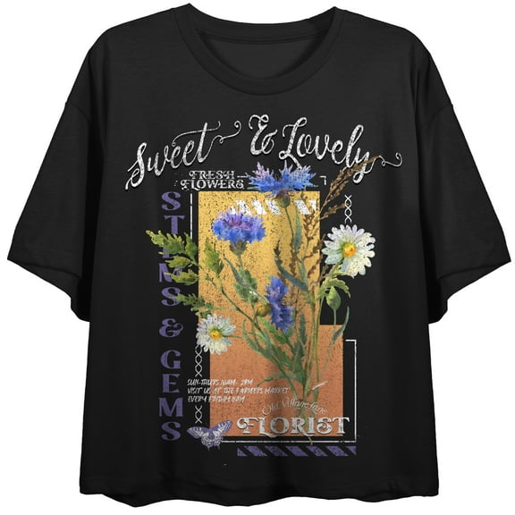 Sweet & Lovely Fresh Flowers Women's Black Cropped Tee-Medium