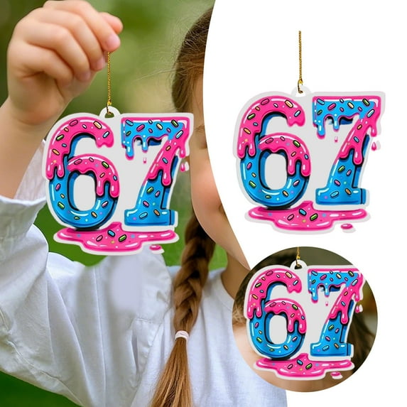 Sweet Melting 67 Shaped Ornament 3.15" Acrylic Candy Color Pendant, Pink Blue Frosting Design for 67th Anniversary Party Decor, Wall Hanging Christmas Tree Bauble Novelty Gift for Her
