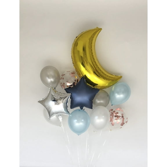 Sweet Moon 11 Piece Moon and Star Balloons Bouquet - Baby Shower, Birthday, Gender Reveal, Eid, and Ramadan Party Decoration (Blue)