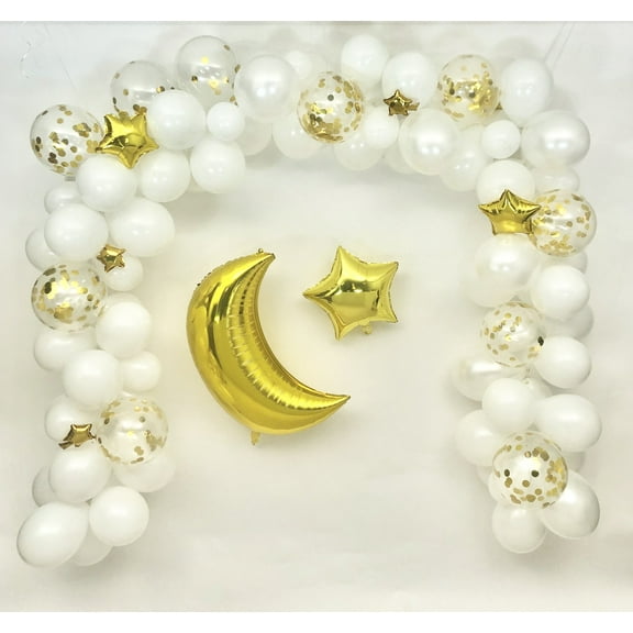 Sweet Moon 16-Feet Crescent and Star Balloon Garland Set- Baby Shower, Birthday, Bridal Shower. Eid, and Ramadan Decoration (White)