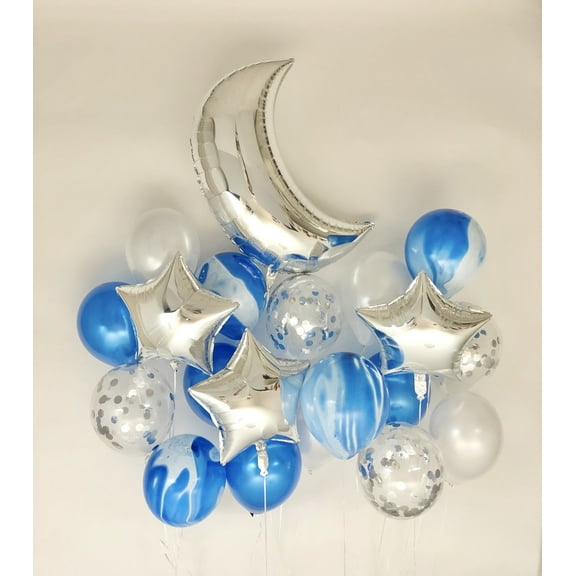 Sweet Moon 20 Piece Moon and Star Balloons Bouquet - Baby Shower, Bridal Shower, Eid, and Ramadan Party Decoration (Blue Agate Marble)