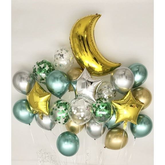 Sweet Moon 24 Piece Moon and Star Balloons Bouquet - Baby Shower, Birthday, Eid, and Ramadan Party Decoration (Metallic Green)