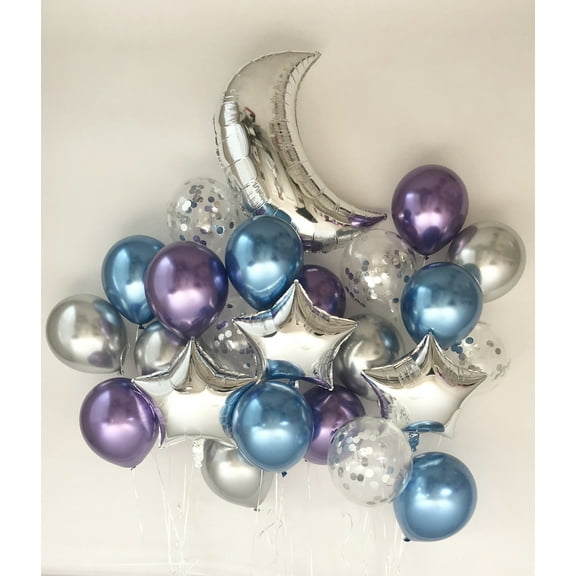 Sweet Moon 24 Piece Moon and Star Balloons Bouquet - Baby Shower, Birthday, Gender Reveal, Eid, and Ramadan Party Decoration (Blue & Purple)