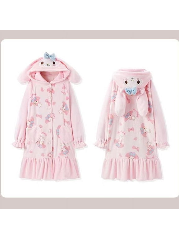 Sweet My Melody Kawaii Women Plush Pajamas Robe Set Homewear Cartoon Winter Long Style Thickened Nightgown Pants
