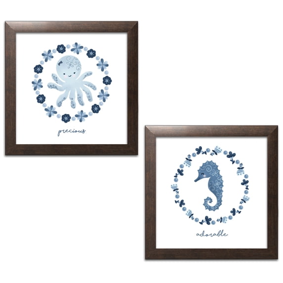 Sweet Navy Blue and White Precious and Adorable Octopus and Seahorse Set by Noonday Design; Two 12x12in Brown Framed Prints