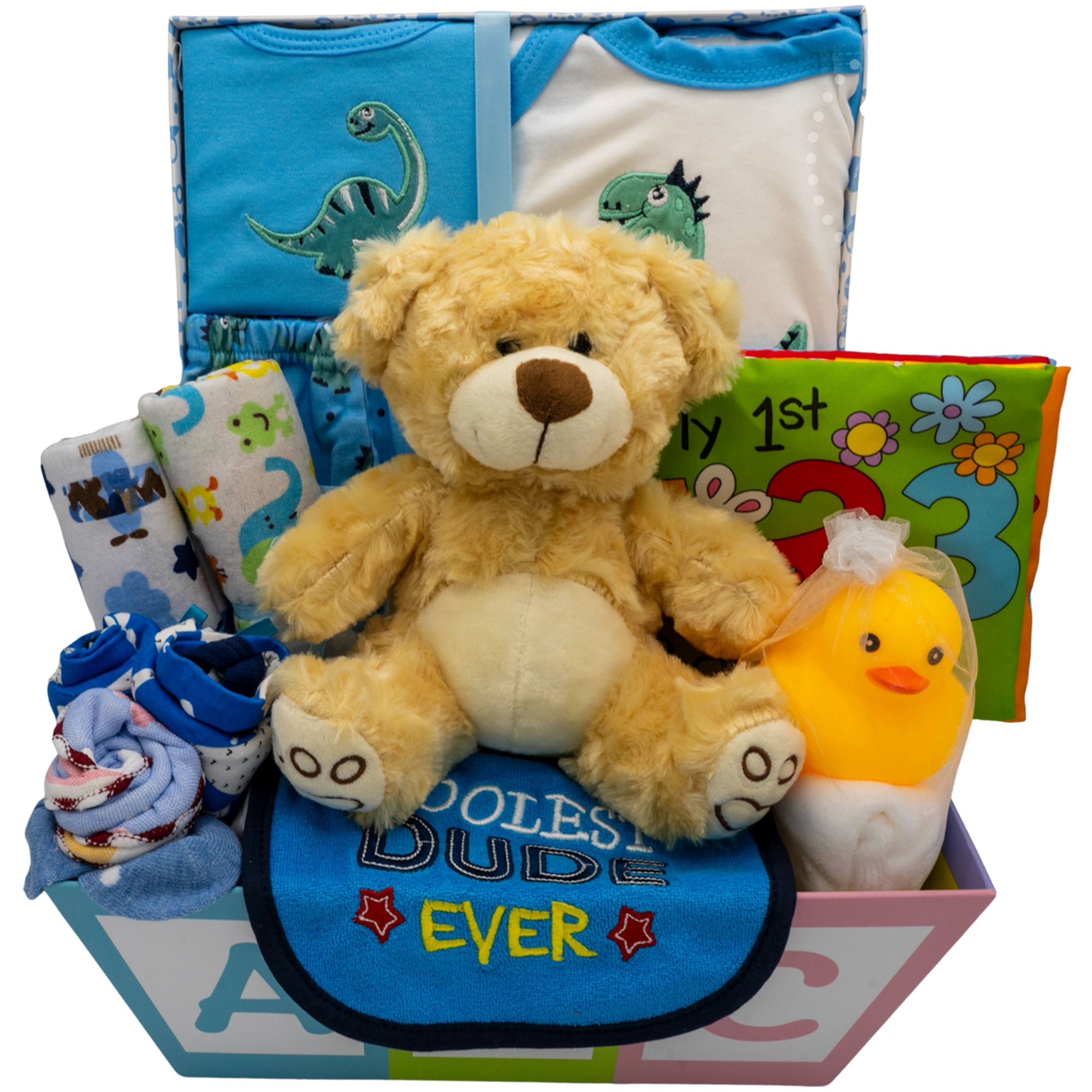 Nikki's Gift Baskets Baby Boy 100% Cotton Dinosaur Baby Layette & Gift Set, Blue, 5-Piece