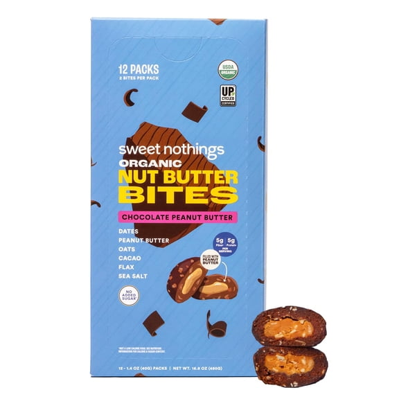Sweet Nothings, Chocolate, USDA Organic Nut Butter Bites Protein Bar, Nut & Date Snack, Filled with Peanut Butter, 12-2 Bite Value Packs - No Added Sugar, Good Source of Fiber, Only 7 Ingredients