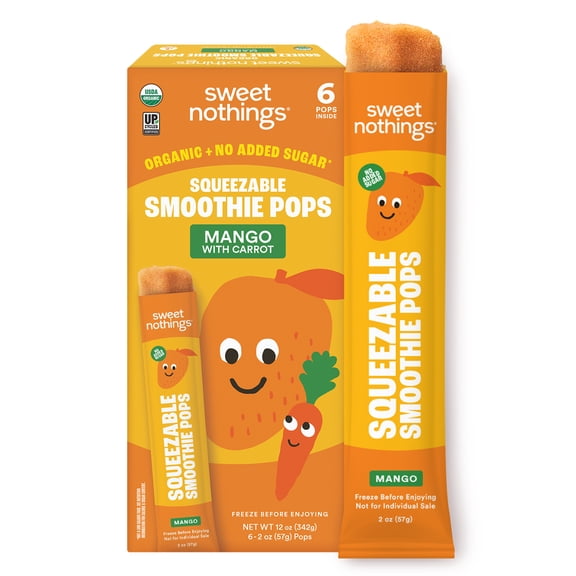 Sweet Nothings Squeezable Mango and Carrot Smoothies, 6 Tubes 2 oz Each, Frozen, Dairy Free, Vegan, No Sugar Added. Net Content 12 oz.