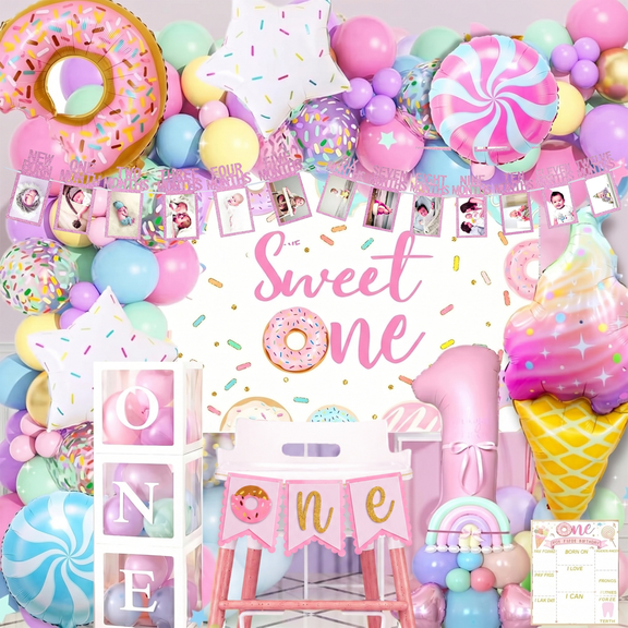 Sweet One 1st Birthday Decorations for Girl, 128PCS Donut Candy Balloon Party Kit