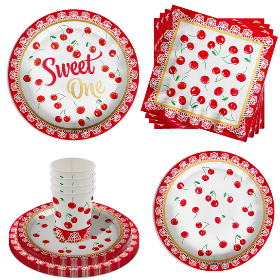Sweet One Baby Girls Cherry 1st Birthday Party Supplies - Cherry Birthday Party Supplies 64 Piece Tableware Set Includes Large 9" Paper Plates Dessert Plates, Cups and Napkins Kit for 16