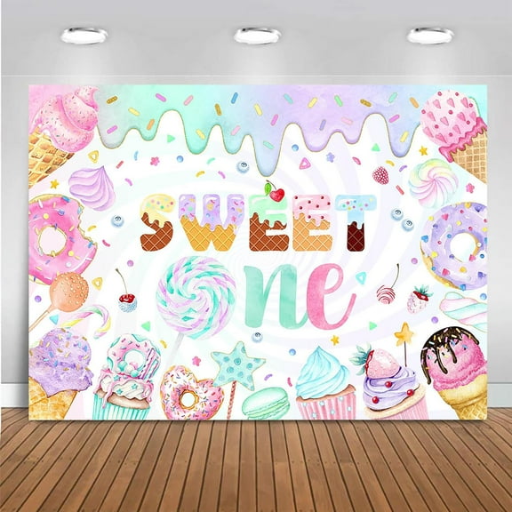 Sweet One Backdrop 1st Birthday Ice Cream Donuts Birthday Party Decorations for Girls Ice Cream Dessert Cake Table Banner Photo Booth Props