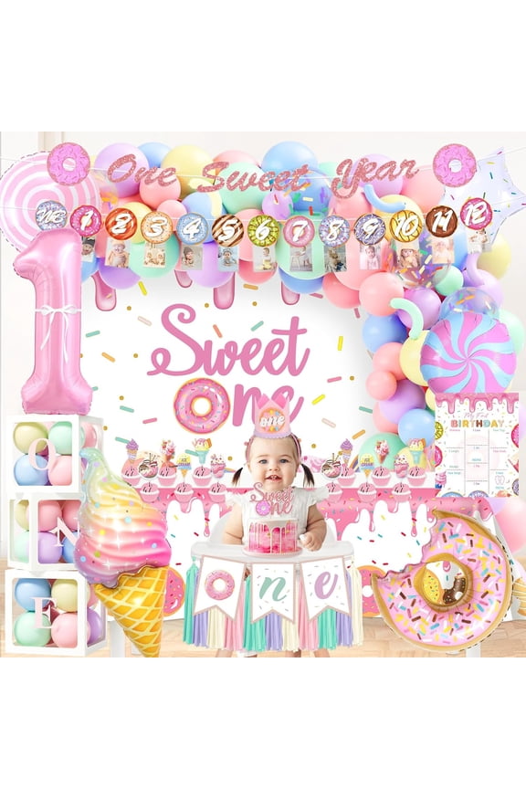 Sweet One Birthday Party Decorations, Donut 1st Birthday Decorations Girl, Balloon Boxes, Photo Banner, Ice Cream Candy Balloons, Backdrop, First Bday Girl Decor