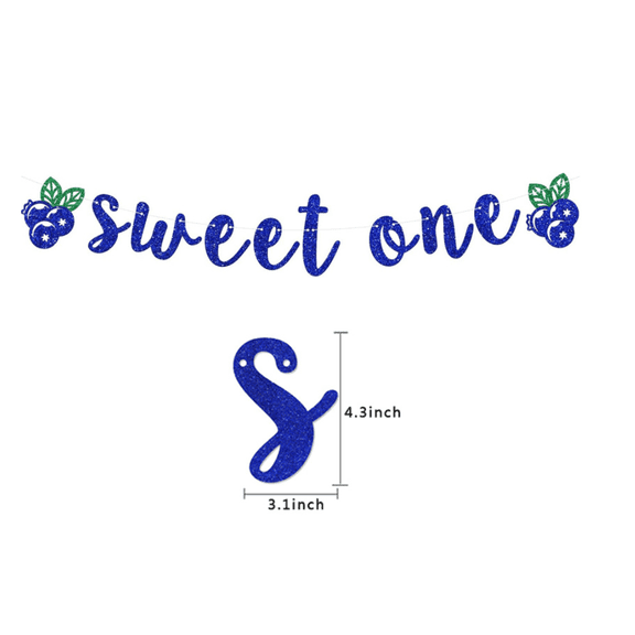 Sweet One Blue Glitter Banner, Blueberry Theme, 1st Birthday Party Decoration, 4.3 x 3.1 Inch Letters