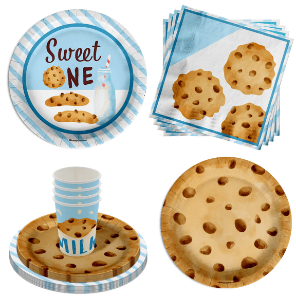 Sweet One Milk and Cookies 1st Birthday Party Supplies 64 Piece Tableware Set Includes Large 9" Paper Plates Dessert Plates, Cups and Napkins Kit for 16
