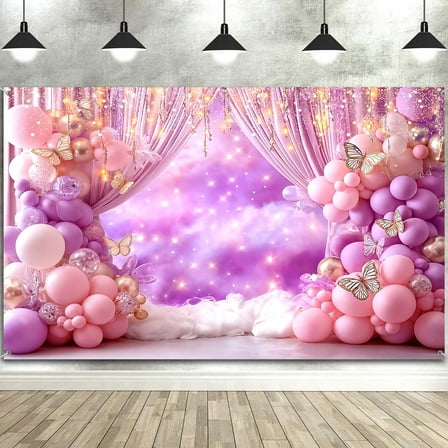 Sweet One Wonderland First Birthday Party Backdrop Pink Flower Balloon Butterfly White Cloud Photography Background Girl 1st Birthday Party Decoration Photo Studio Shoot Props 7X5