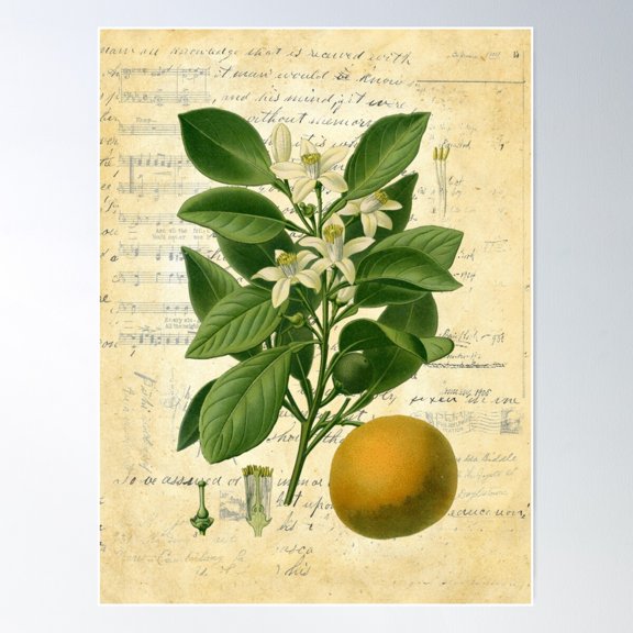 Sweet Orange Botanical On Old Book Page Collage Poster Wall Art, Modern Wall Decor For Living Room Bedroom, 12x18 UNFRAMED