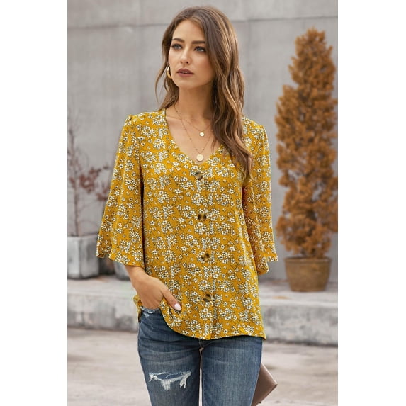Sweet Osmanthus Print Button Up Blouse