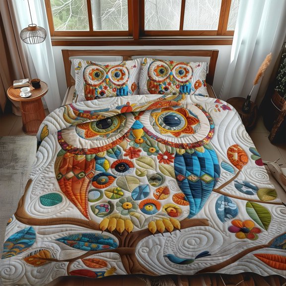 Sweet Owl 3-Piece Quilted Bedding Set
