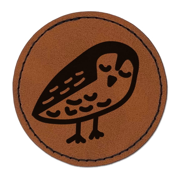 Sweet Owl Doodle 2.5" Faux Leather Round Engraved Iron-On Patch - Brown
