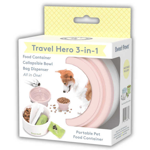 Sweet Paws Travel Hero 3-in-1 Portable Pet Food Container Blush Pink