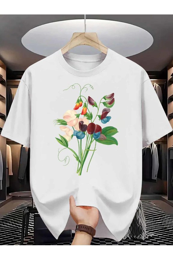 Sweet Pea Men'S T-Shirt | Botanical Flower Illustration Print Pattern, Pure, Premium Print, Durable, Casual Fashion, Crew Neck, Regular Fit, Short Sleeve