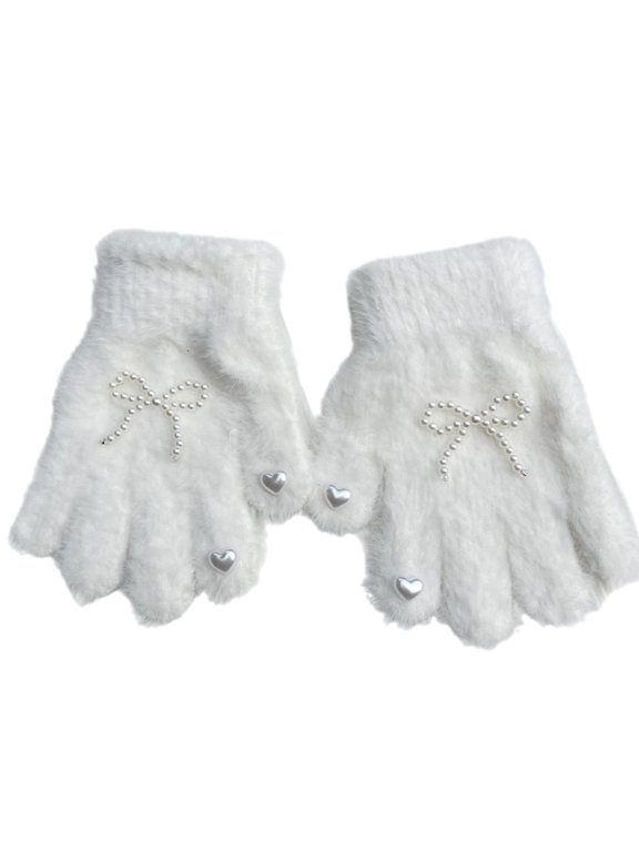 Sweet Pearls and Bowknot Decor Gloves for Girls,Soft & Breatahble Knitted Mittens Split Finger Mitts for Outdoor Sports