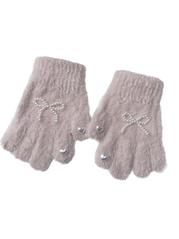 Sweet Pearls and Bowknot Decor Gloves for Girls,Soft & Breatahble Knitted Mittens Split Finger Mitts for Outdoor Sports