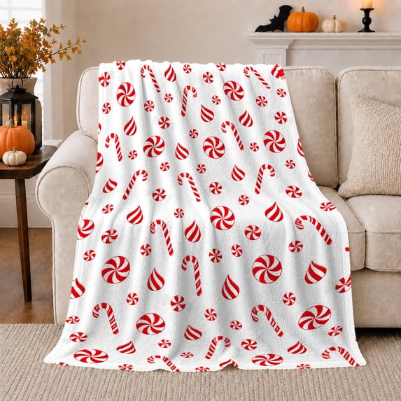 Sweet Peppermint decorative motif Cane Pattern Living Room Sofa, Festive Holiday Scene, Warm Flannel Blanket for Living Room and Reading Nook, Art Lovers Thanksgiving Gift, Festive Home Decor