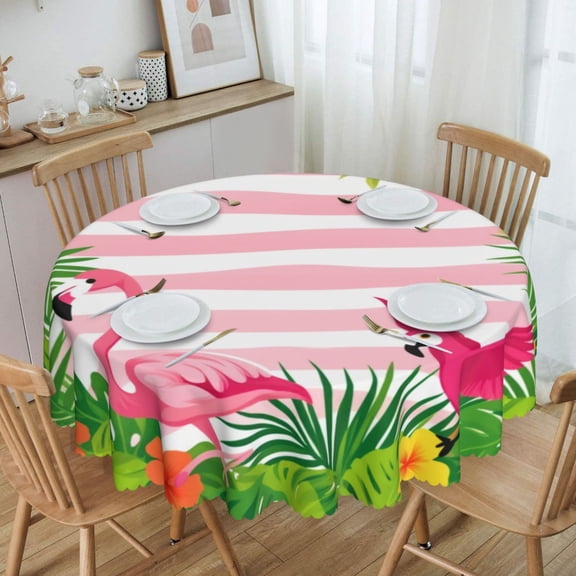 Tropical Flamingo & Parrot With Hibiscus Frames Round Tablecloth Waterproof Oil-Proof Plastic Table Cloth Stain-Resistant Wipeable 60" for Camping, Dining, Indoor and Outdoor