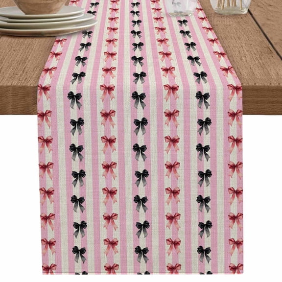 Sweet Pink Black Bow on Linen Table Runner-36 Inch Long Abstract Stripe Table Runners Linen Burlap Tablerunner for Kitchen Dining Room Holiday Party