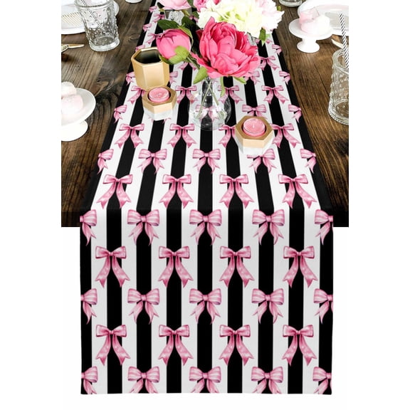 Sweet Pink Bows Table Runner, Simple White Black Striped Washable Cotton-linen Table Runners Dining Kitchen Decoration for Everyday Home Wedding Party Decor, 13 x 72 Inch