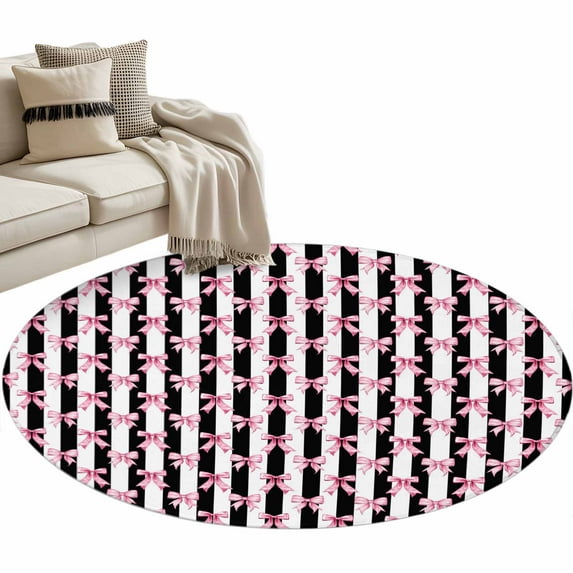 Sweet Pink Bows Washable Round Area Rug 3 ft, Simple White Black Striped, Soft Non Slip Rugs Stain Repellent Indoor Felt Carpet for Living Dining Room Bedroom Home Office