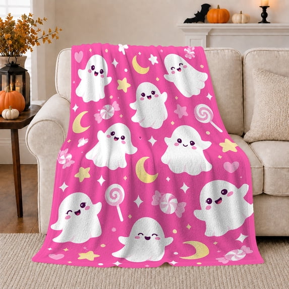Sweet Pink Ghosts Moons Stars Hearts Lollipops Whimsical, Playful Halloween Scene, Warm Flannel Blanket for Living Room and Reading Nook, Art Lovers Halloween Gift, Playful Home Decor