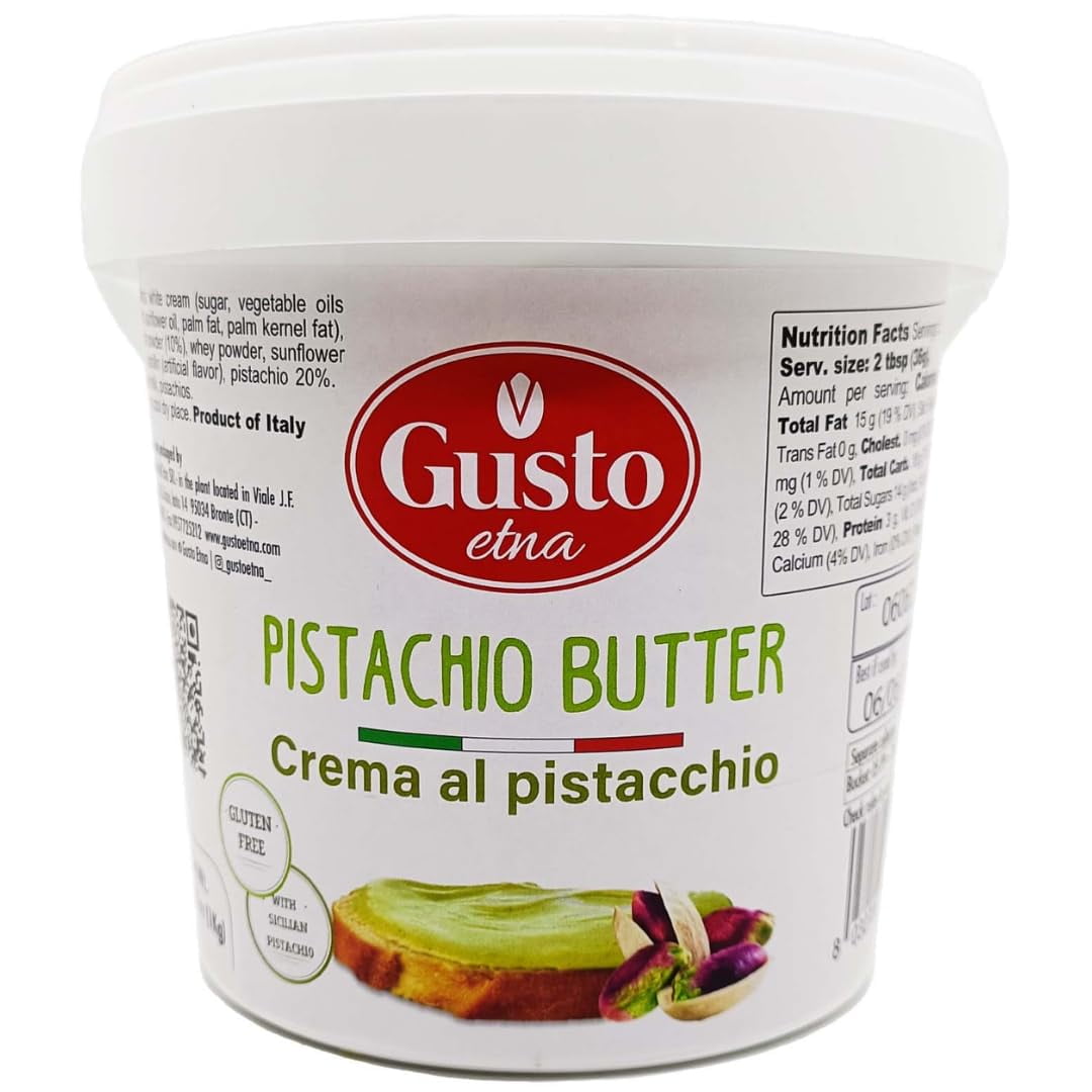 Sweet Pistachio Nut Butter, Bulk Tub, 2.2 LB (1 Kg), Sweet Pistachio Cream Spread, Pistachio Paste, Frosting, Icing, Product of Bronte, Sicily, Italy, Non-GMO, Gusto ETNA