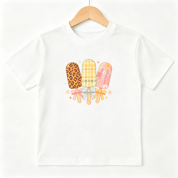 Sweet Popsicles Leopard Girls Graphic Tee, Cute Summer Ice Pops 100% Cotton Kids Short Sleeve T-Shirt