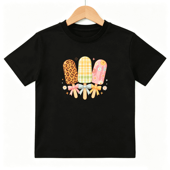 Sweet Popsicles Leopard Girls Graphic Tee, Cute Summer Ice Pops 100% Cotton Kids Short Sleeve T-Shirt