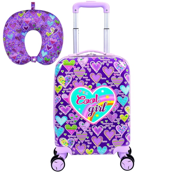 Sweet Purple Love Kids Rolling Suitcase 2PC Set: Airline-Approved Carry On Girls Luggage with 360° Spinner Wheels, Includes Neck Pillow