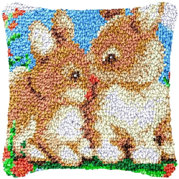 Sweet Rabbit Latch Hook Kits Pillow Cover DIY Rug Making Crochet Hook Cushion Making Kits with Preprinted Pattern Canvas DIY Needlework Crochet Kits Sofa Decor 43x43cm