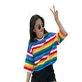 thumbnail image 1 of Sweet Rainbow Striped Print Half Sleeves T-shirts Women's Fahion O Neck Tees Tops, 1 of 7