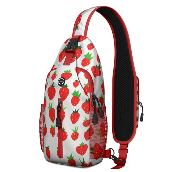 Sweet Red Strawberry Pattern Sling Bag, Fruity Berry Print Crossbody Backpack with Fresh Flowers and Summer Design
